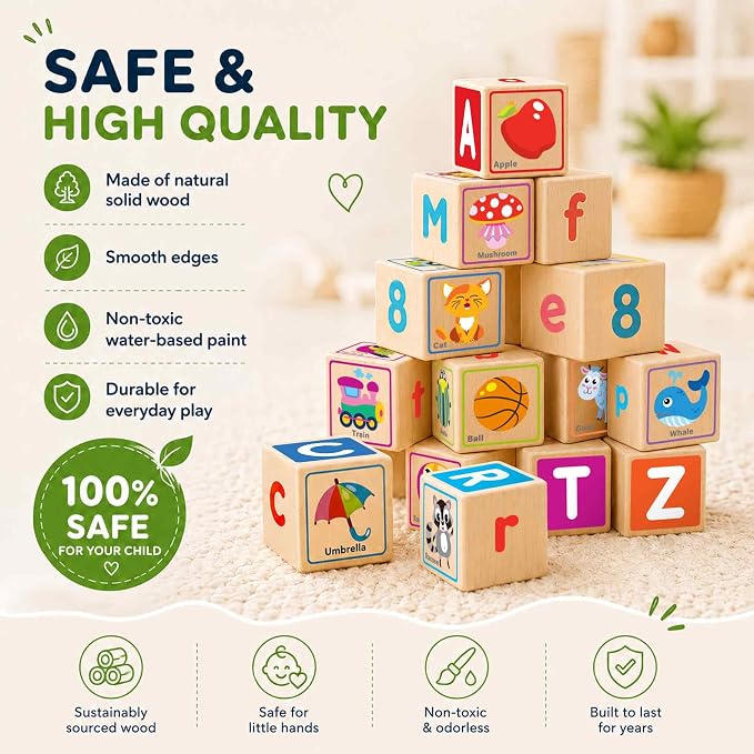 Quokka Wooden Blocks for Toddlers 1-3 - 26 Counting ABC Learning Baby Blocks for Kids 3-5 Year Olds Stacking Alphabet Wood Toys for 2-4 Ages - Developmental Toys with Letters Numbers from 12-18 Month