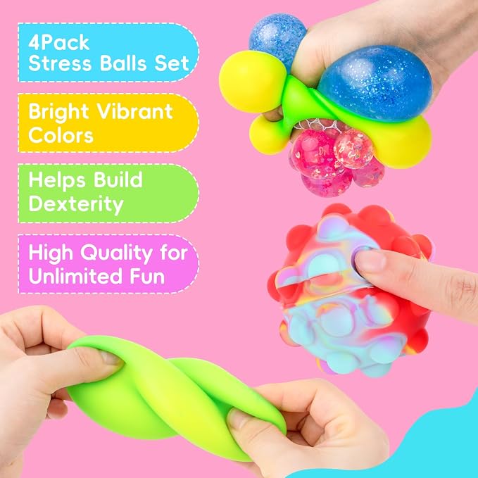 Stress Balls 4 Pack for Adults and Kids, Squeeze Squishy Fidget Toys | Sensory Toys for kids with Autism, Squishy Fidget Toys for Stress and Anxiety Relief, Prize for Classroom