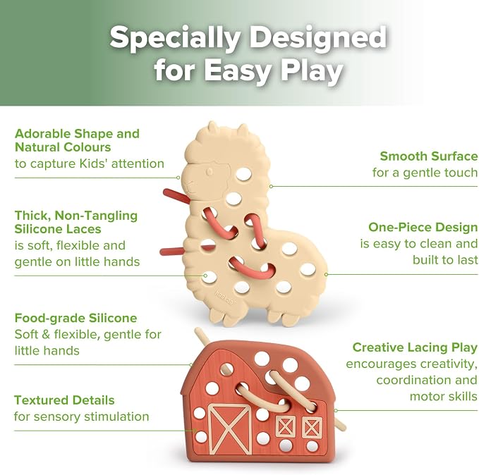 haakaa Alfie Alpaca Silicone Lacing Toy for Toddlers Ages 2+ | BPA-Free Silicone Threading Toy, Fine Motor Skills Play, Quiet Travel Activity with Alpaca, Barn & 4 Laces