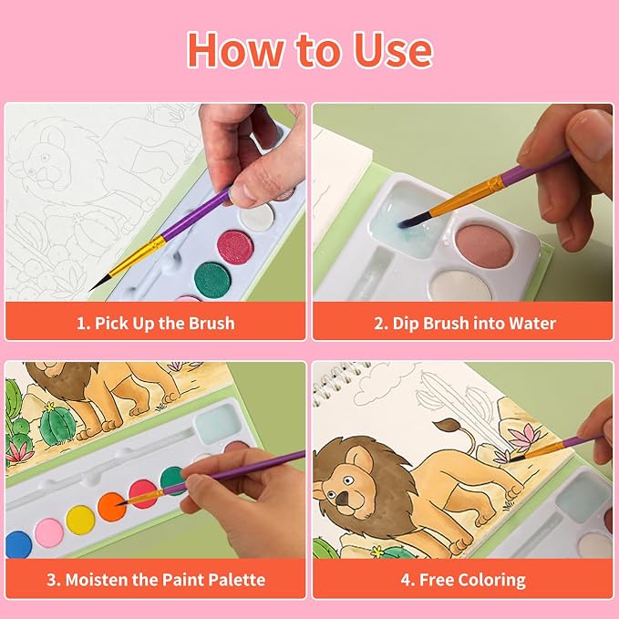 Cavnewt Watercolor Coloring Books for Kids Ages 4-8, Mess Free Watercolor Painting Book, Paint with Water Books for Toddlers, Travel Activities Arts Party Favors Birthday Gifts for Kids Girls & Boys
