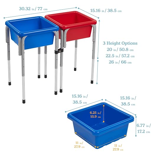 ECR4Kids 2-Station Sand and Water Adjustable Play Table, Sensory Bins, Blue/Red | Durable plastic/steel, GREENGUARD Gold Certified, 3-5 years, 80 lb capacity, adjustable legs, easy-lift lids, indoor/outdoor