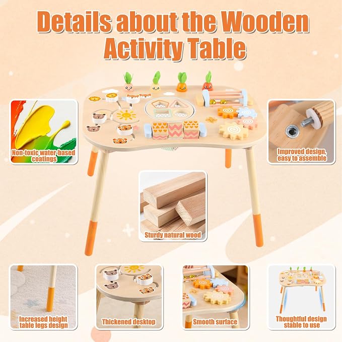 Wooden Activity Table for 1 Year Old Toddlers Sensory Table Activity Center | Wood Montessori Baby Activity Table Shape Sorter Game Sensory Toys for 2 1-3 Kids Gift (Length*Height: 17"*11.8")