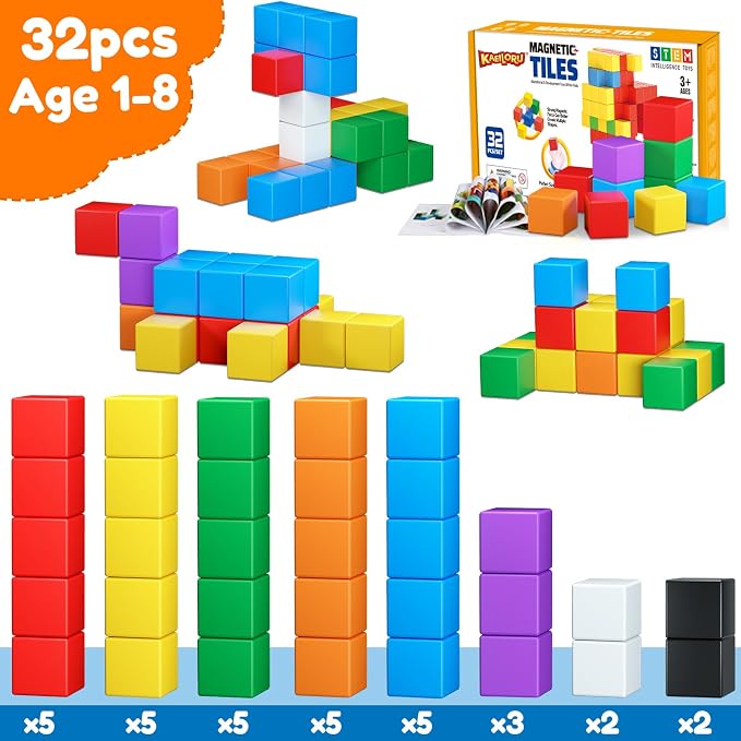 KAEILORU Magnetic Blocks 32PCS Magnetic Building Block for Toddler Age 3-5 | Magnet Cubes STEM Educational Sensory Montessori Toys 1-3 Christmas Birthday Gifts for Kids Ages 3 4 5 6 Year Old Boys Girls