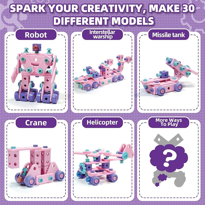 VEAIS Pink Kids Tool Set for Girls,Tool Set with Drill &Toolbox,STEM Montessori Toys for 3 4 5 Year Old,Pretend Play Kid Toy,Educational Construction Toy for 3-6 Year Old Girl,Birthday Gift for Kids