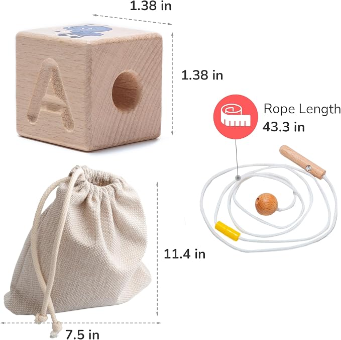 Alphabet Lacing Letters for Toddlers - ABC Lacing Beads, Fine Motor Threading Wooden Toy with Objects & Animals (26 Large Stringing Blocks, 2 Ropes, Cotton Bag)