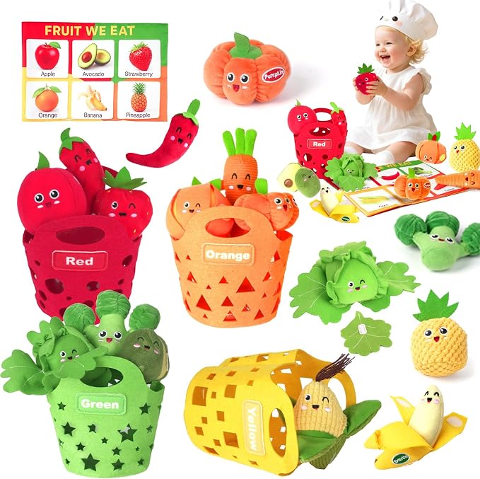 Baby Color Sorting Sensory Toys - Fruit Vegetable Play Food 1 Year Old Toys | Plush Pretend Play Toy for Toddlers 1-3, Montessori Toys Baby 6-12 Months Boy Girl Birthday Gifts, Peelable, Crinkle & Rattle
