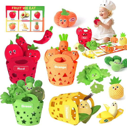 Baby Color Sorting Sensory Toys - Fruit Vegetable Play Food 1 Year Old Toys | Plush Pretend Play Toy for Toddlers 1-3, Montessori Toys Baby 6-12 Months Boy Girl Birthday Gifts, Peelable, Crinkle & Rattle