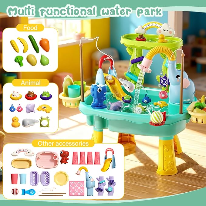 2027 Upgraded 4-in-1 Sand Water Table for Toddlers 1-3, Kids Sensory Table with Electric Water Pump & Elephant Faucet, Play Kitchen Sink with Food Accessories, Fishing Toy (Blue) | 4-in-1 sand and water table with electric pump, play kitchen sink and f...