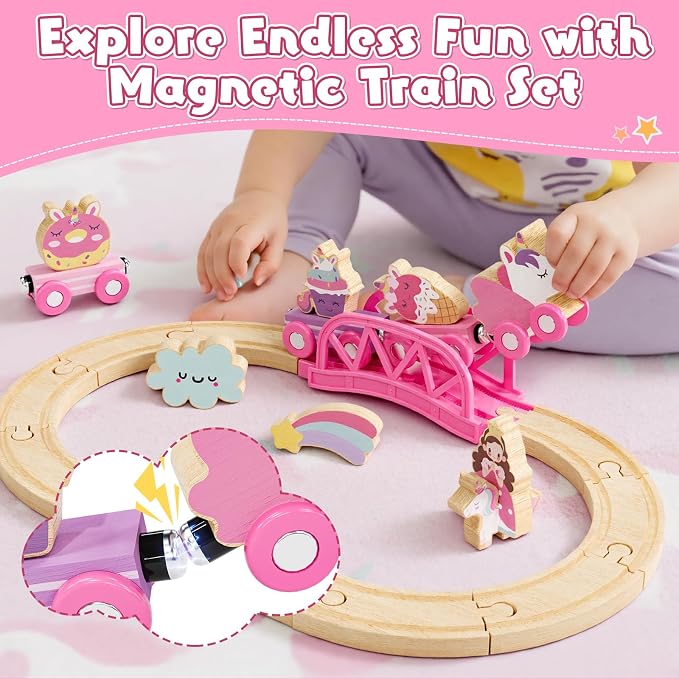 Lehoo Castle Pink Unicorn Wooden Train Set for Girls with Storage Bag | Compatible with Most Wooden Train Tracks, Expandable, Changeable Fantasy Railway Playset, Birthday Gift for Girls Ages 3+