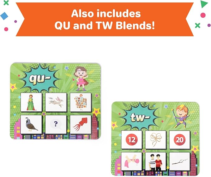 Melby Toys Super Blends Phonics Reading Game for Kids Ages 6-8 | 22 Consonant Blends, Digraphs & CVC Words | Kindergarten, 1st & 2nd Grade Reading Board Game | Learn to Read & Spelling Game