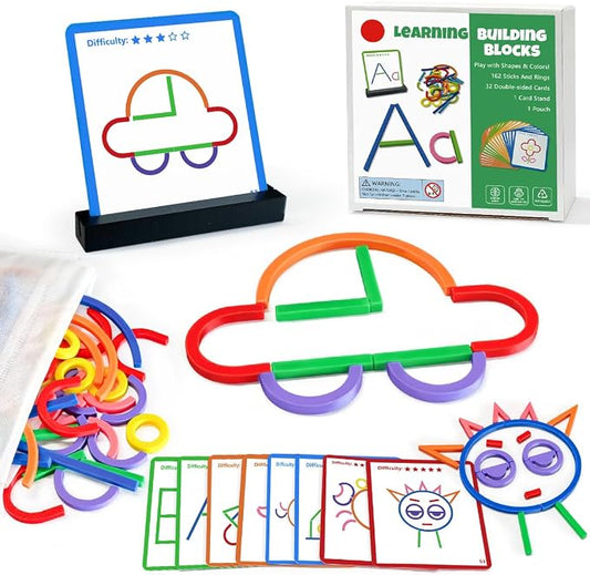 STEM Toys for Creative Learning Sticks & Rings Shape Building Blocks 160PCS Pattern Blocks Puzzle Educational Resources Montessori Toys for Preschool and Kindergarten Girls and Boys Ages 5+