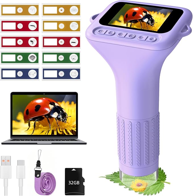 USCAMEL Digital Microscope for Kids 5-7: 1000x Kids Handheld Microscope with Screen 2" inch Pocket miniscope with Slides Kit - for Children Toddler Student Nature Explorers Educational Toy, Purple