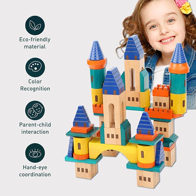 Xylolin Wooden Castle Building Blocks Set, Big Solid Beech Wood Toddlers Stacking Block Toy, Kids Construction Playset for Boys Girls 69 Pieces Set