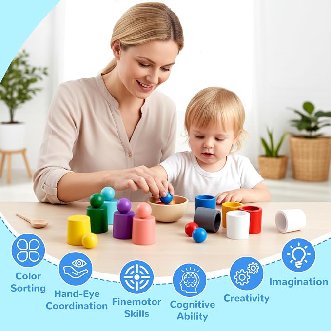 Color Sorting Toys, Wooden Montessori Rainbow Matching Game for Kids 3+ | 10 sorting cups, wooden rainbow balls, wooden spoon, plastic tongs, storage box, for color matching and fine motor play