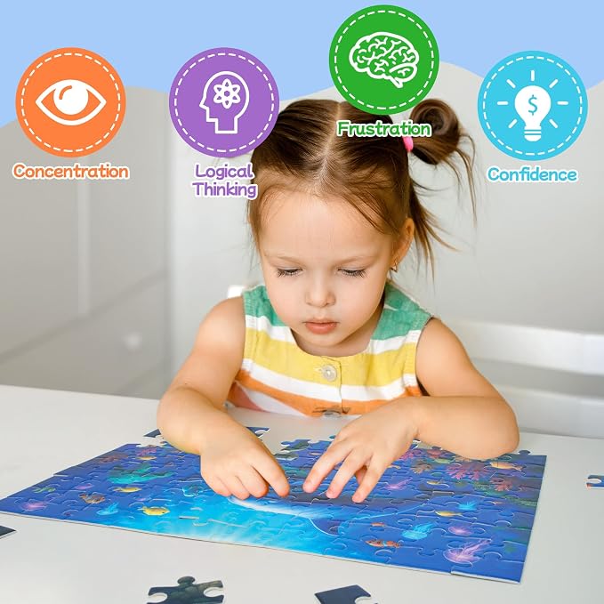 100 Piece Puzzles for Kids Girls Boys Ages 4-10, Colorful Ocean Under Sea | Learning Educational Jigsaw Puzzles Toys with Full-size Poster, Holiday/ Birthday/Party/School Gifts for Children