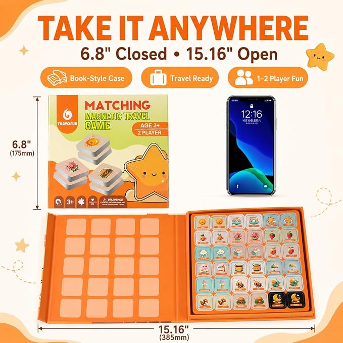 Travofun Magnetic Memory Matching Game | Travel Toys for Toddlers 3-5 | Book-style travel memory game with magnetic matching pieces builds focus and recall on car rides, flights, and quiet play.