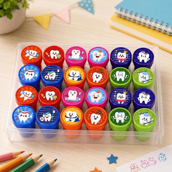 Cinrobiye 24 Pcs Teeth Stampers Party Favor Set, Cute Dental Health Stamps for Kids Birthday Party, Classroom Rewards, Educational Learning Toys, Goody Bag Fillers, Dental Care Party Supplies
