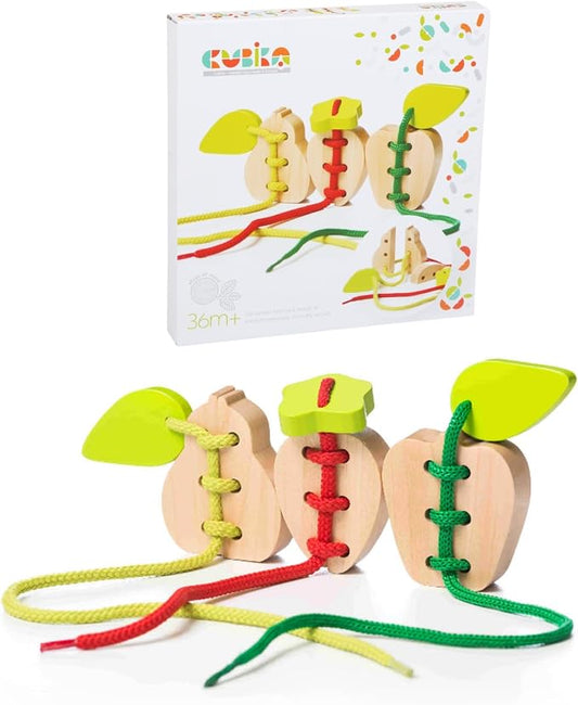 Wooden Lacing Fruit Set – Montessori Threading Toy for Toddlers Ages 3+ – Made from Natural Wood with Water-Based Paints – Travel-Friendly Educational Gift for Boys & Girls