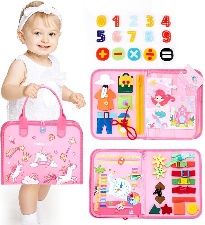 hahaland Busy Board for Toddlers Boys Girls Montessori Toys for 3+ Year Old | Preschool Educational Learning Activities Toddler Travel Toys for Ages 3 4 5 with Life Skill Number Color Weather