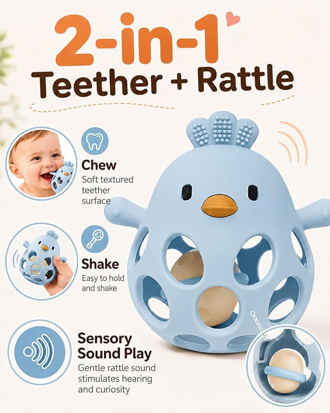 Tinabless 2-in-1 Baby Teething Rattle Toy, Easy Grip Silicone Teether for Babies 3-12 Months, BPA-Free Sensory Grasping Chew for Sore Gums, Infant Shower Gift (Blue w/Rattle)