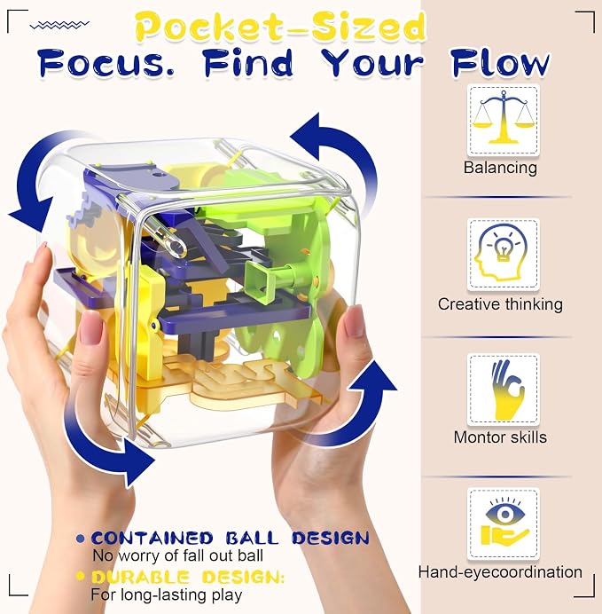 1 Sets Large Labyrinth 3D Maze Cube Puzzle Maze Game Gravity 3D Puzzle Cube Brain Teaser Ball Games for Kids Education Sensory Toys Gift for Adults (Upgrade Version,Yellow)