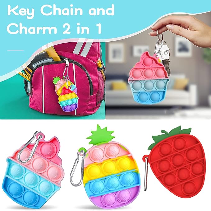 12Pcs pop Bubble Fidget Toy, Strawberries, Pineapples, ice Cream Simple Fidget Toy, Keychain Bubble Pop Desk Toy, Decompression Toys Suitable for All Ages