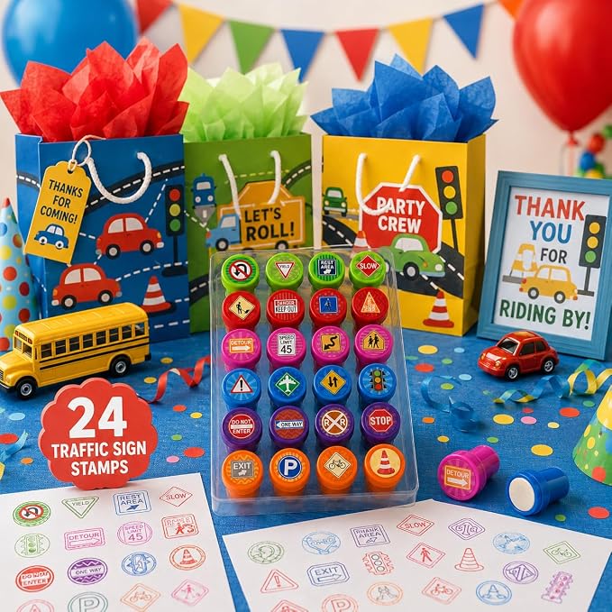 Cinrobiye 24 Pcs Traffic Sign Stampers Party Favor Set, Cute Road Safety Stamps for Kids Birthday Party, Classroom Rewards, Learning Activities, Goody Bag Fillers, Educational Party Supplies