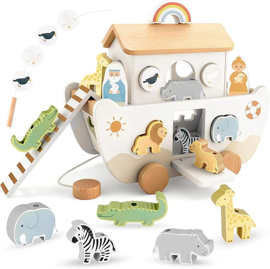 Wooden Noah's Ark Toy for Toddlers 1-3, Baptism Gift for Boys and Girls | Neutral Colors • Animal Shape Matching • Fine Motor Skills • Christian Faith Learning • Bible Story Learning