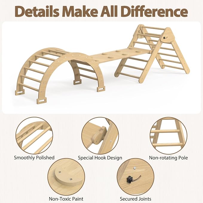 Large Pikler Triangle Set, 7-in-1 Toddler Climbing Toys Indoor, Wooden Montessori Climbing Set with Arch Ramp Ladder, Foldable Baby Jungle Gym Playground (Wood)