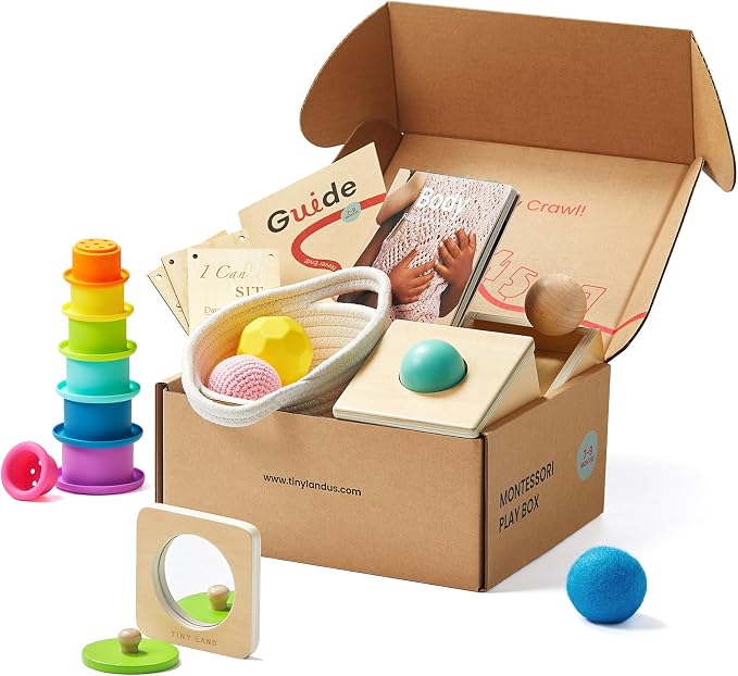 Tiny Land Montessori Toy Set for Babies 7-9 Months Senser Play Kit - 5-in-1 Wooden Learning Toys with Object Permanence Box, Sensory Ball, Stacking Cups and Mirror Puzzle,Body Board Book | Object permanence box, sensory ball, stacking cups, mirror puzz...