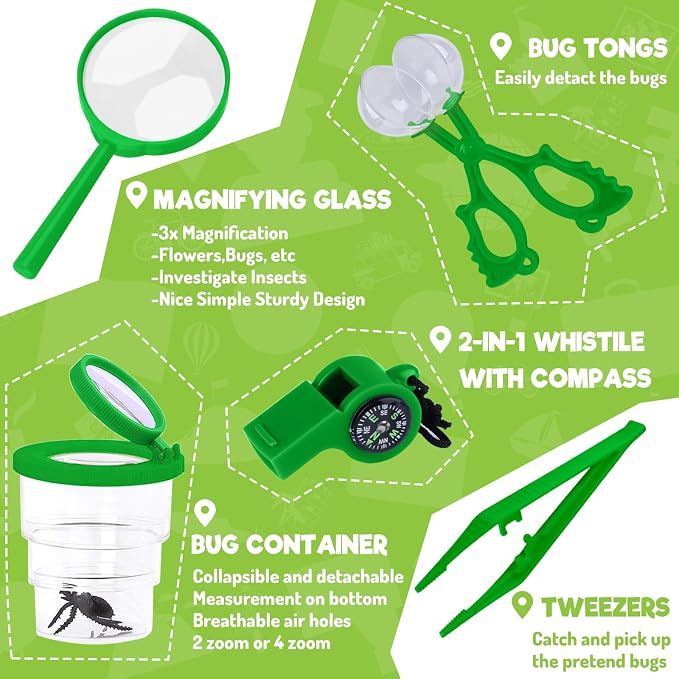 Kids Explorer Kit – Bug Catcher with Binoculars & Safari Costume Vest | 16pcs with 6 Realistic Insects, Bug Container, Safari Hat. Perfect Costume to Be a Zookeeper, Paleontologist, Ideal for 3-12