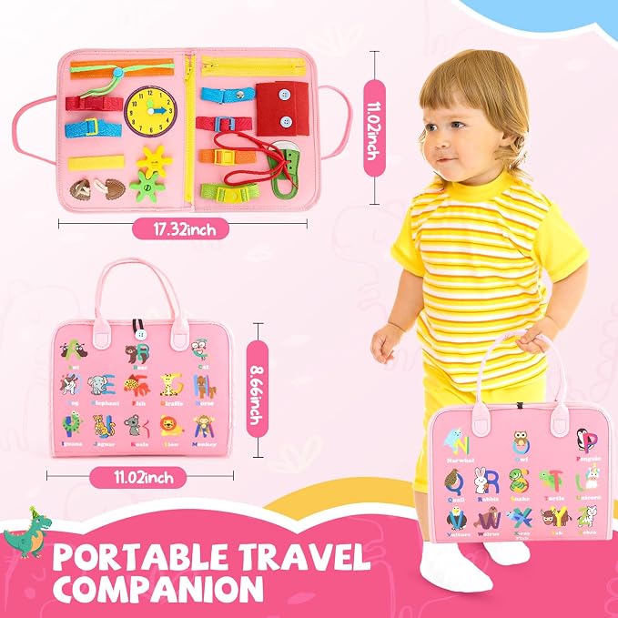 Toddler Busy Board, Montessori Sensory Toys for Boys, 3-8 Year Old Girl Toddler Travel Toys, Educational Learning Activities Board for Motor Skills, Birthday Gifts for Airplane Car, Pink