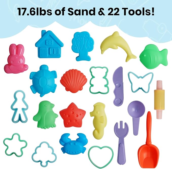 FURWEY Play Sand Set,17.6lbs Colorful Sensory Sand,22 Tools Molds,Art Kit | Play Sand Art Kits for Children Ages 3+ to Relaxing Creative Activities, Sensory Play Set with Tools