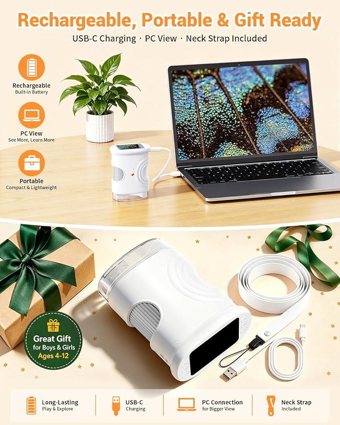 Handheld Microscope for Kids with 2.0" IPS Screen Digital Outdoor Gifts | Portable STEM Science Lab Toy, Rechargeable Pocket Microscope Age 8-12 Educational Gift for Boys & Girls, White