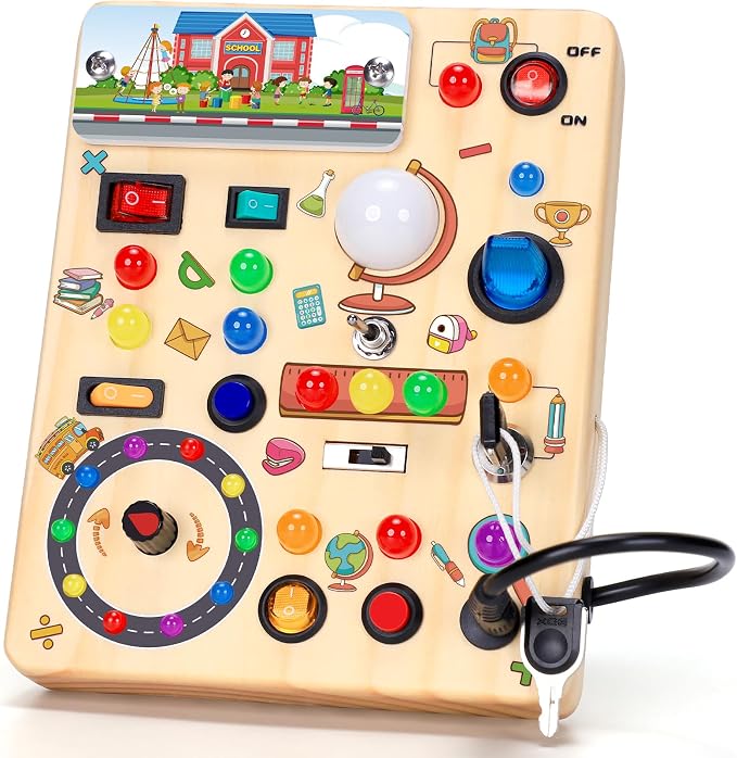 Busy Board with LED Light Switches, Montessori Toys for 1 2 3 Years Old, Toddlers Wooden Toy Sensory Activity Board, Travel Toys for 1+ Year Old Boy & Girl Birthday Gift (School)