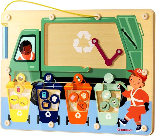 TOP BRIGHT Magnetic Garbage Sorting Maze Toy, Montessori Toy for Kids 2-5 | Wooden trash recycling game, Develop fine motor, STEM toy, Portable travel toy, Screen-free, Garbage truck toy gift