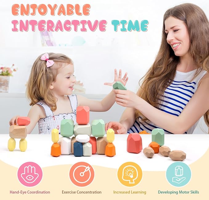 36PCS Wooden Stacking Rocks, Montessori Toys for 3 4 5 Year Old | Building Blocks Game Sensory Preschool Learning Activities Toys, Balancing Stones Birthday Gifts for Kids Girls Boys