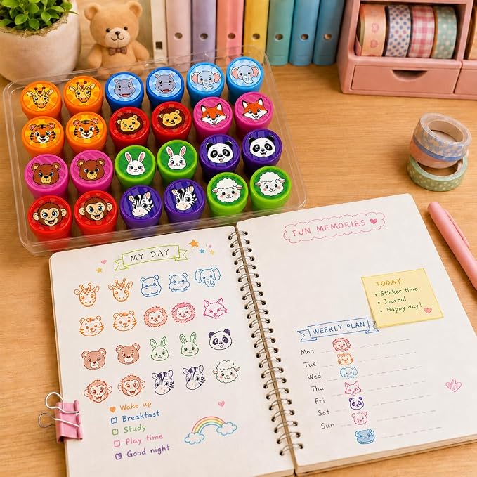 Cinrobiye 24 Pcs Animal Stampers for Kids, Pre-Inked Safari Zoo Party Favor Set, Animal Theme Birthday Party Supplies, Classroom Rewards, Goody Bags, Piñata Fillers