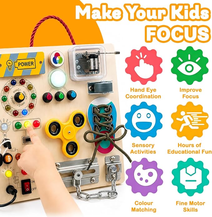 Busy Board with LED Light Switches, Montessori Toys for Toddlers 1-3, Wooden Sensory Activity Board, Travel Learning Toy for Boys & Girls, Educational Fidget Busy Board Gift for 1 2 3 Year Old Kids