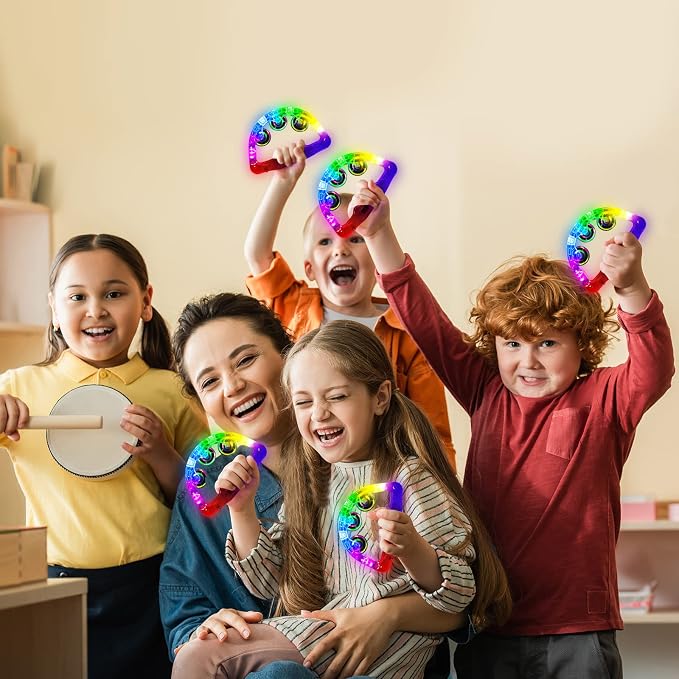 Aywewii LED Tambourines 6 Pack, Light Up Musical Toys Party Supplies | 3 Flashing Modes (Fast, Slow & Alternating), Instruments for Toddler Adult, Sensory Toys for Kids with Autism & Special Needs