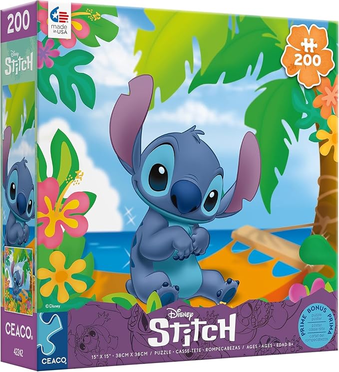 Ceaco - Disney Flower Power Stitch - 200 Piece Puzzle for Kids Ages 8-10 | Official Disney Licensed Art, Made in the USA, Recycled Board,15 in x 11 in