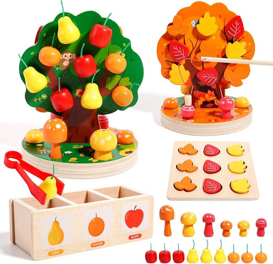 INIFEIDALA Montessori Toys for 3 4 5 6 Year Old - Fine Motor Skills Toy | Wooden Educational Toy for Toddlers,Magnetic Apple Picking Tree & Shape Sorter Puzzle,Hand-Eye Coordination-Color Recognition