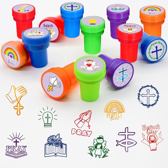 Cinrobiye 24 Pcs Christian Stampers Party Favor Set, Cute Bible Verse Stamps for Kids Sunday School, Church Classroom Rewards, Faith Based Gifts, Goody Bag Fillers, Religious Party Supplies