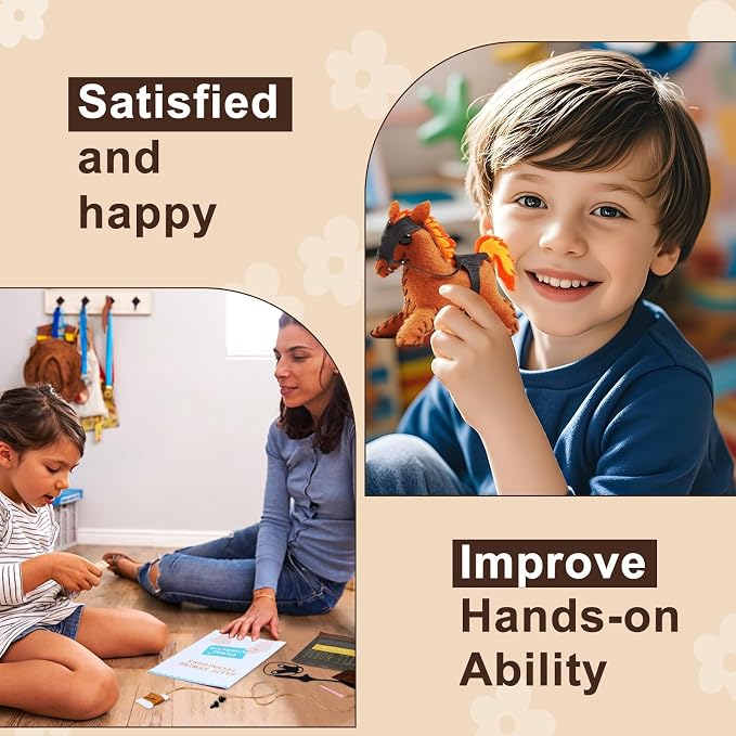 IROLEHOME 5-Pc Pony Sewing Kit for Kids Ages 8-12 Beginner Felt Craft Kits | Learn to Sew Craft Kit for Kids DIY Stuffed Horse Dolls - Montessori Educational Toys Gifts for Toddlers Fine Motor Skills