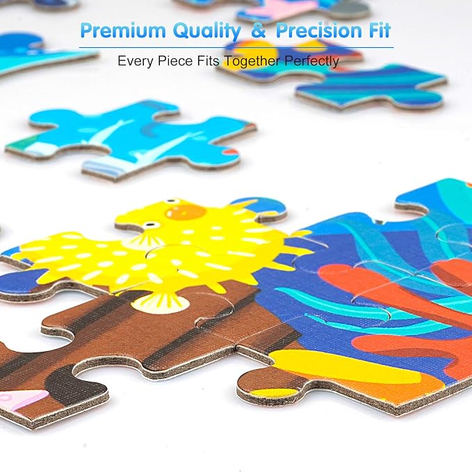 Jigsaw Puzzles for Kids Ages 4-8, 108 Pcs Whale Shaped Cardboard Puzzles | Sturdy Floor Puzzles Box and Poster for Animal Lovers, Educational Toys Gift for Boys Girls, 23.38 x 14.72 Inch