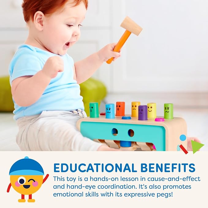 Battat Wooden Pounding Bench Toy with Mallet, Pound & Count Bench | Wooden pounding bench with 10 colorful pegs and 1 mallet for numbers, colors, and emotions; side mallet storage; 1+ Years