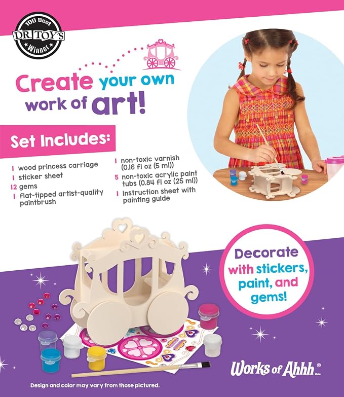 Princess Carriage Wood Paint Kit - Classic Craft Set for Kids - Includes Paint, Glitter, Gem Stones - Ages 4+ - Princess Crafts & Carriage Toy