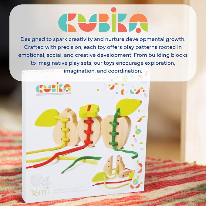 Wooden Lacing Fruit Set – Montessori Threading Toy for Toddlers Ages 3+ – Made from Natural Wood with Water-Based Paints – Travel-Friendly Educational Gift for Boys & Girls