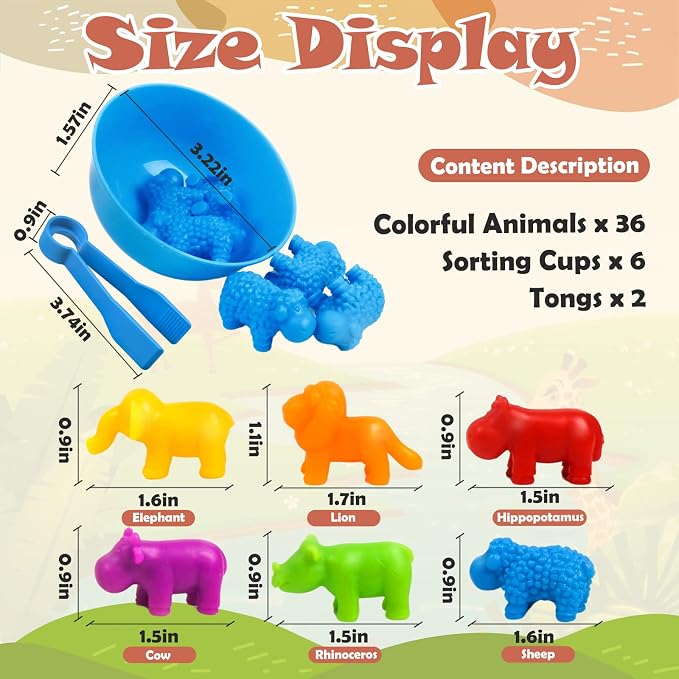 GKDOMS Counting Animals Toy Matching Game with Sorting Bowls Preschool Learning Activities Montessori Sensory Toy for Math Color Sorting, Party Favors Birthday Gifts for Toddlers