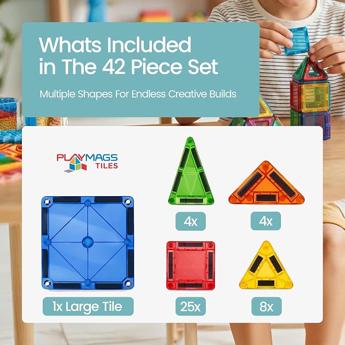 Playmags Mini Magnetic Tiles for Kids 42-Piece Set | Travel Magnetic Blocks | STEM Sensory Educational Toys | Portable Toddler Building Toys | Gift for Boys & Girls Ages 3